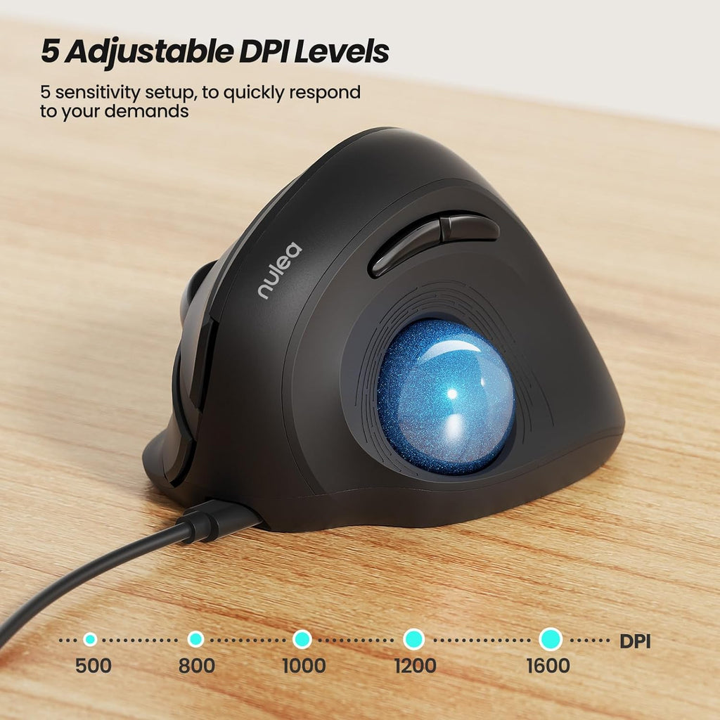 Nulea Wireless Ergonomic Trackball Mouse, Rechargeable, Bluetooth, 44mm  Index Finger Trackball, 5 Adjustable DPI, Compatible with PC, Laptop, iPad