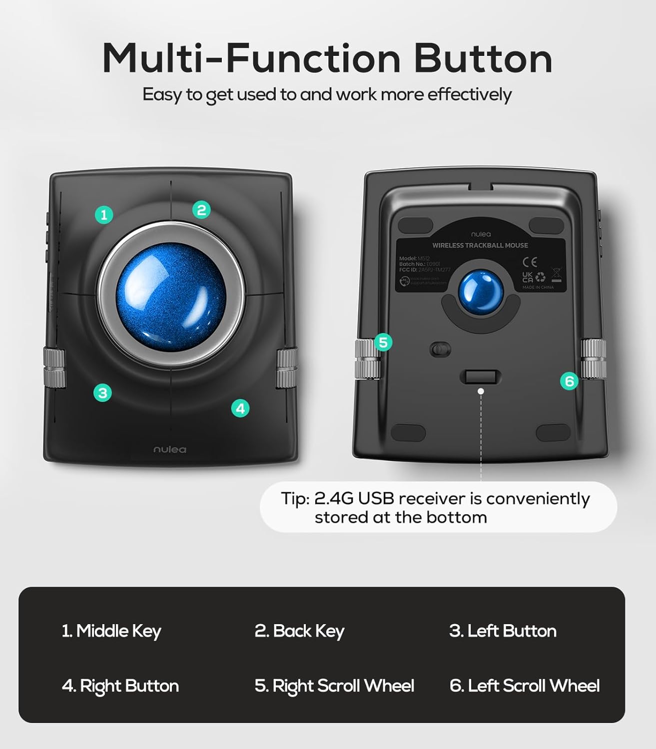 Collection of Nulea M512 Wireless Trackball Mouse in a gallery layout