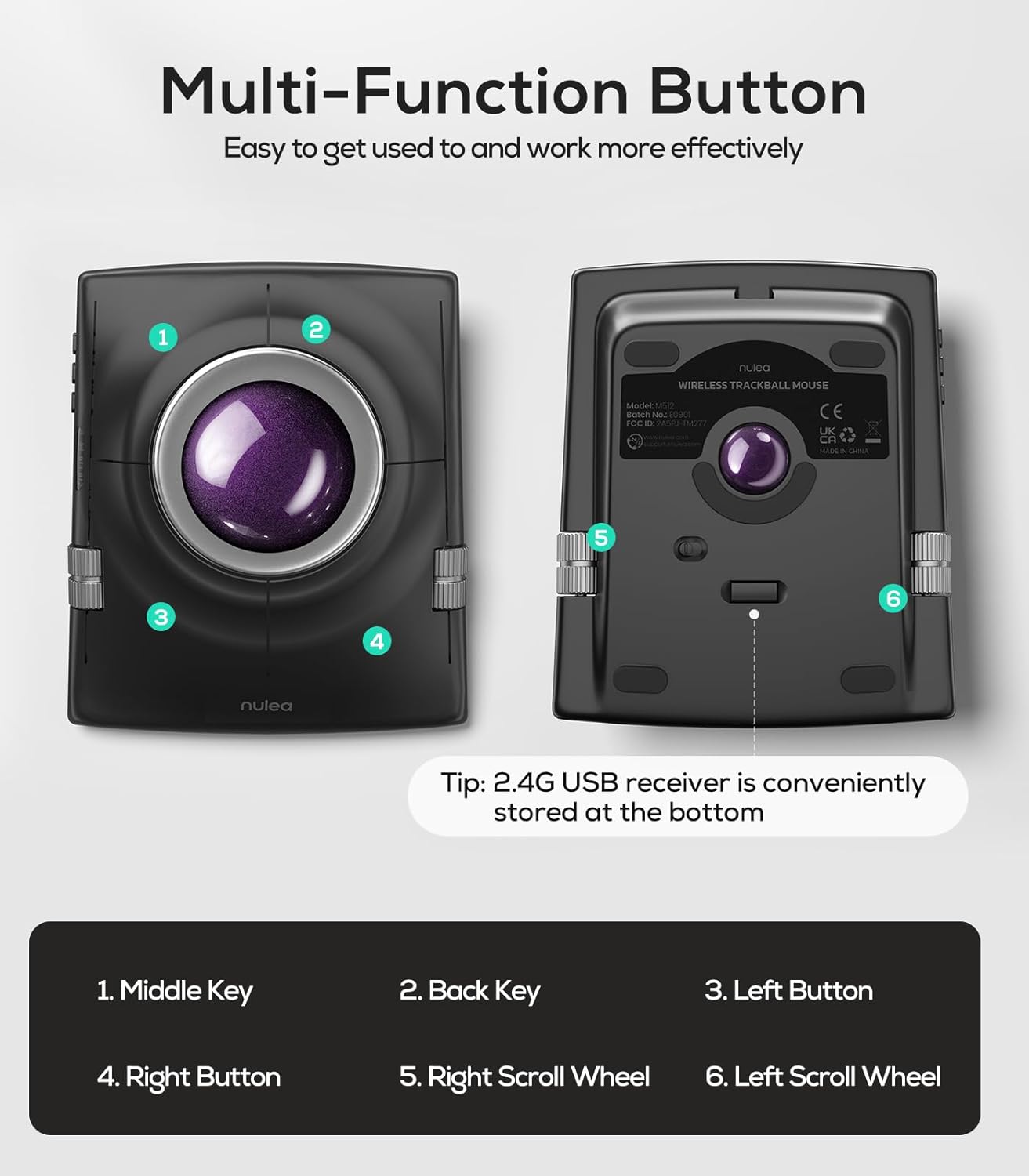 Collection of Nulea M512 Wireless Trackball Mouse in a gallery layout