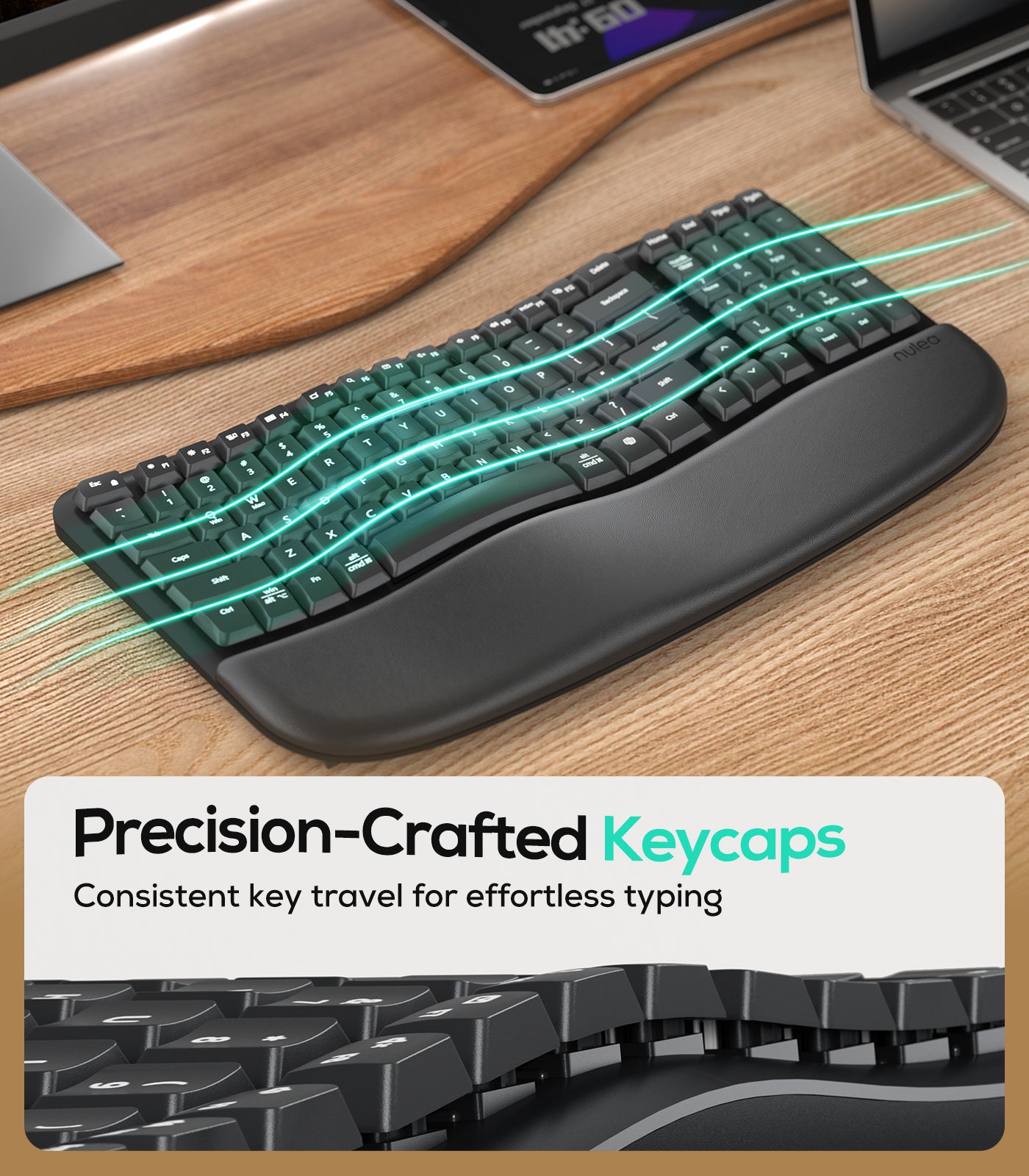 Nulea Wave Keys Wireless Ergonomic Keyboard with Cushioned Palm Rest ...