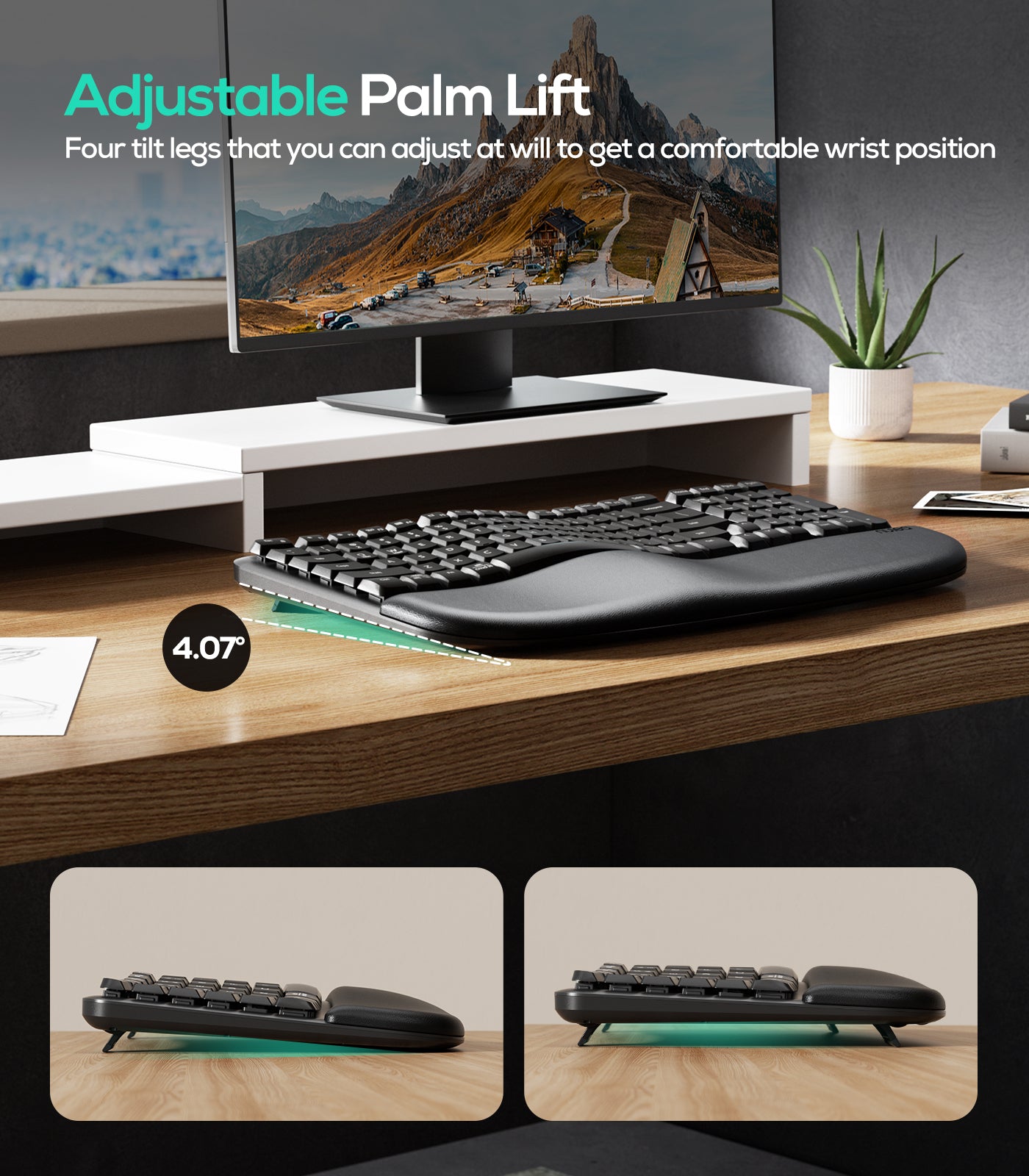 Nulea Wave Keys Wireless Ergonomic Keyboard with Cushioned Palm Rest ...