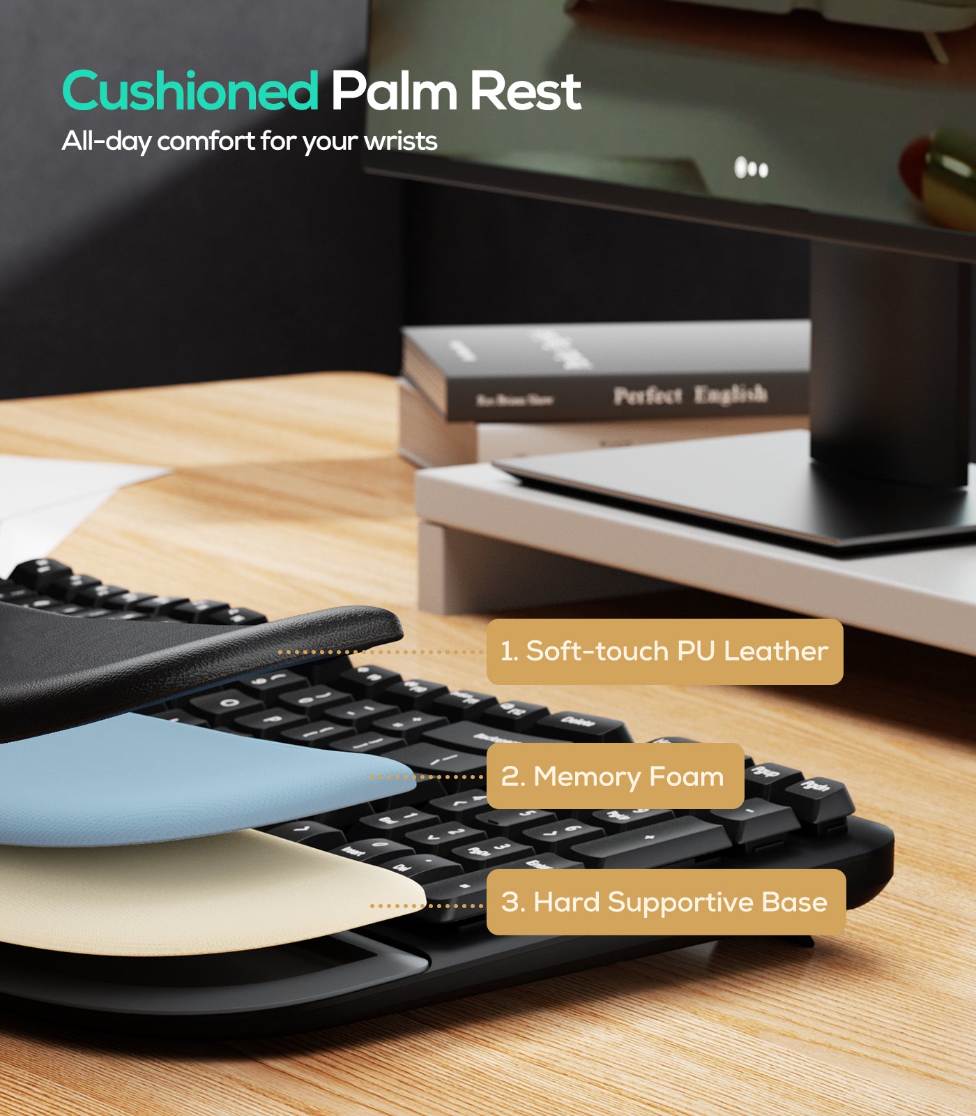 Collection of Nulea Wave Keys Wireless Ergonomic Keyboard with Cushioned Palm Rest in a gallery layout