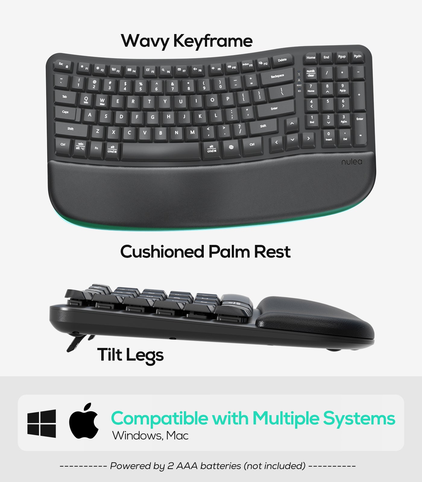 Nulea Wave Keys Wireless Ergonomic Keyboard with Cushioned Palm Rest ...
