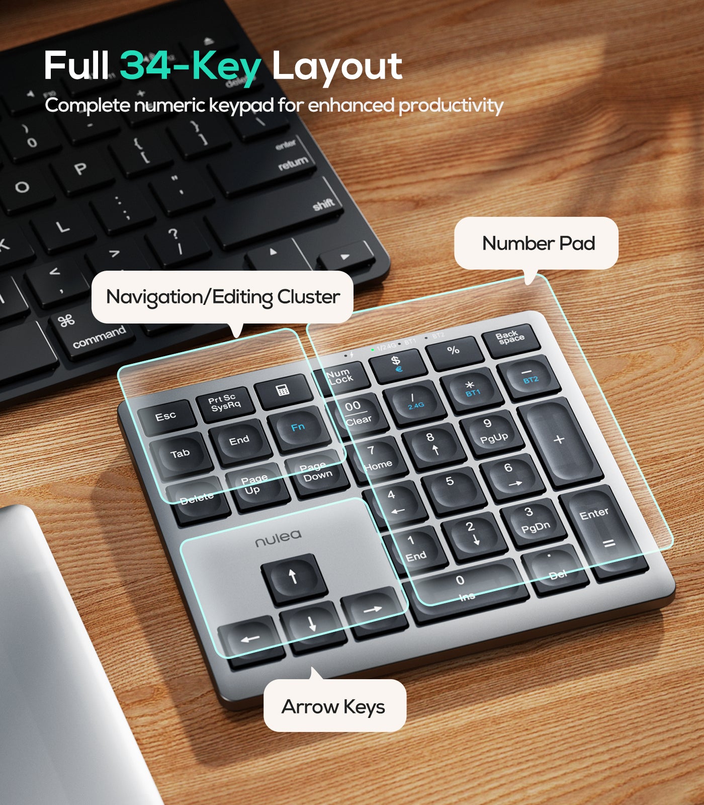 Collection of Nulea Wireless Number Pad Bluetooth 5.0 & 2.4G Portable Numeric Keyboard in a gallery layout